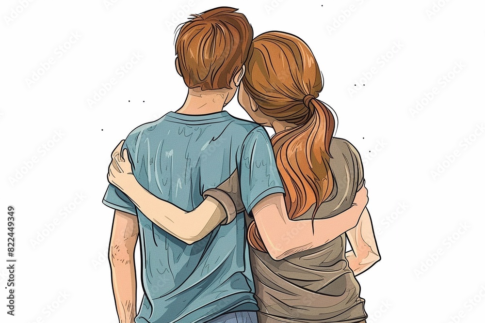 Vector illustration of a rear view of a teenage boy and girl standing ...