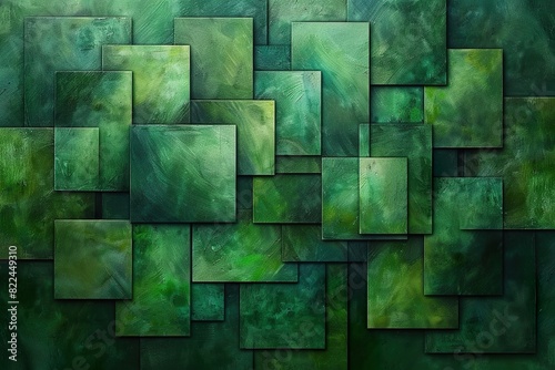 Geometric pattern of overlapping green rectangles creating a modern and sophisticated abstract background.