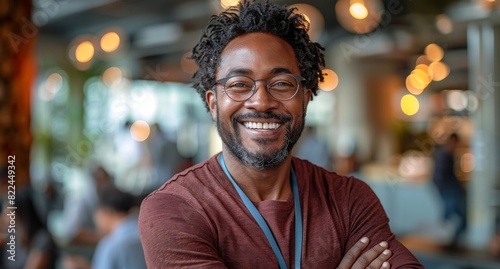 Smiling man in his thirties with glasses in a casual office setting