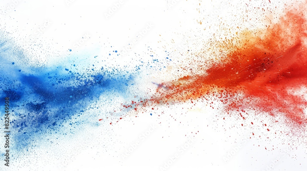 Vibrant French flag bursting with blue, white, and red holi powder on a white background, representing the celebration of France, European culture, and travel.