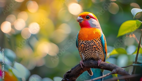 Colorful bird sitting on the branch with bokeh background.