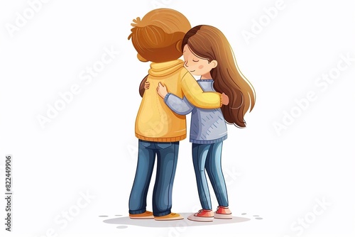 Vector scene showing the rear view of a boy and girl, standing side by side and embracing each other, against a white background