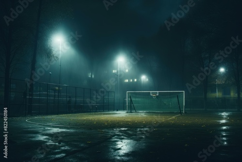 Deserted soccer field illuminated by streetlights on a foggy, atmospheric night
