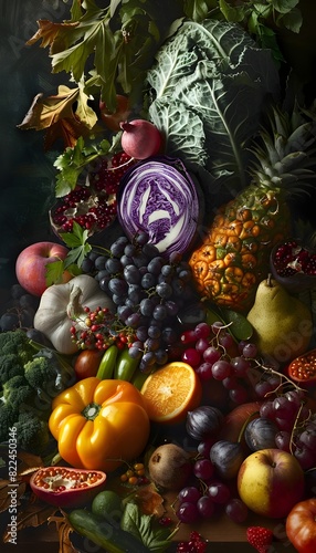 Vibrant Harvest of Seasonal Fruits and Vegetables on Rustic Table Display