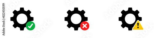 Gear error icon, system failure symbol, technical warning signs, exclamation mark, attention symbols, malfunction warning