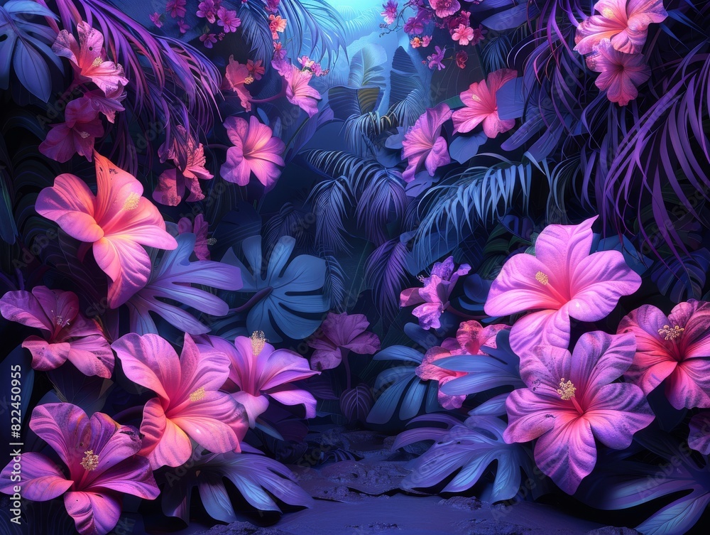 Vibrant tropical flowers with lush leaves create a mystical jungle scene bathed in purple and blue hues. Vibrant tropical flowers with lush leaves create a mystical jungle scene bathed in purple and blue hues.