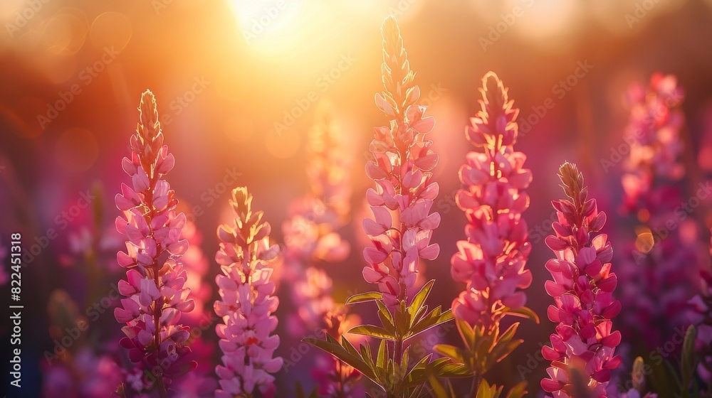 Beautiful field of pink lupines glowing in the warm evening sunlight, capturing the essence of a serene summer sunset. Beautiful field of pink lupines glowing in the warm evening sunlight, capturing the essence of a serene summer sunset.