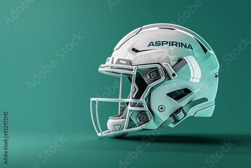 White football helmet with ASPIRINA branding on green background © Fat Bee