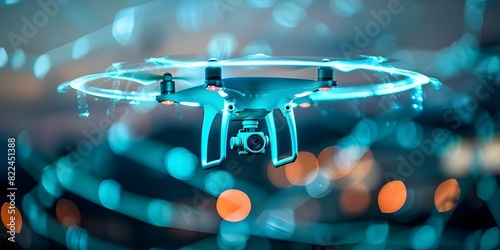 Blue digital hologram drone camera for surveillance with autonomous flight and remote sensing. Concept Drone Technology, Surveillance Systems, Autonomous Flight, Remote Sensing, Holographic Cameras