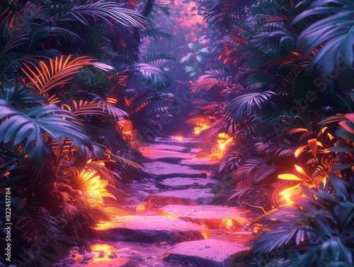 Enchanting magical pathway in a vibrant forest illuminated by glowing plants and mystical lights, creating a fantasy-like atmosphere.