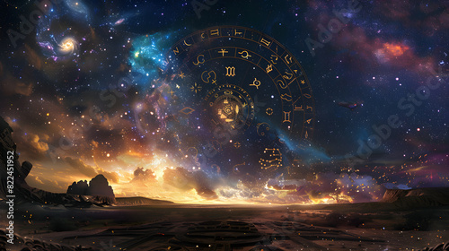 Glowing Zodiac Wheel in a Starry Sky: A Mystic Astrological Journey photo