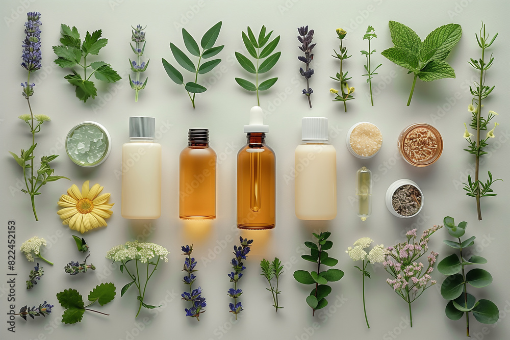 Natural remedies and medicinal plants for health and beauty care. Concept natural remedies, medicinal plants, holistic health care, top view, wellness products, 3d render Natural remedies and medicinal plants for health and beauty care. Concept natural remedies, medicinal plants, holistic health care, top view, wellness products, 3d render