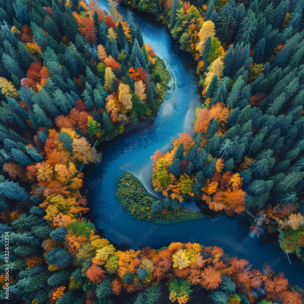 Obraz premium A beautiful, colorful, and winding river with trees on both sides