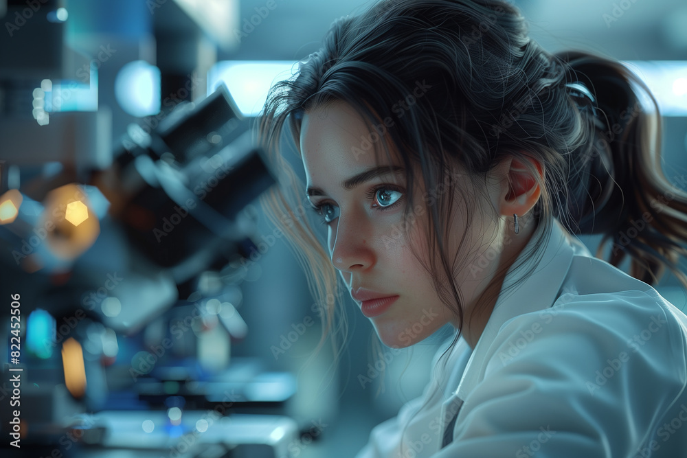 Scientist woman in laboratory, 3d render Scientist woman in laboratory, 3d render