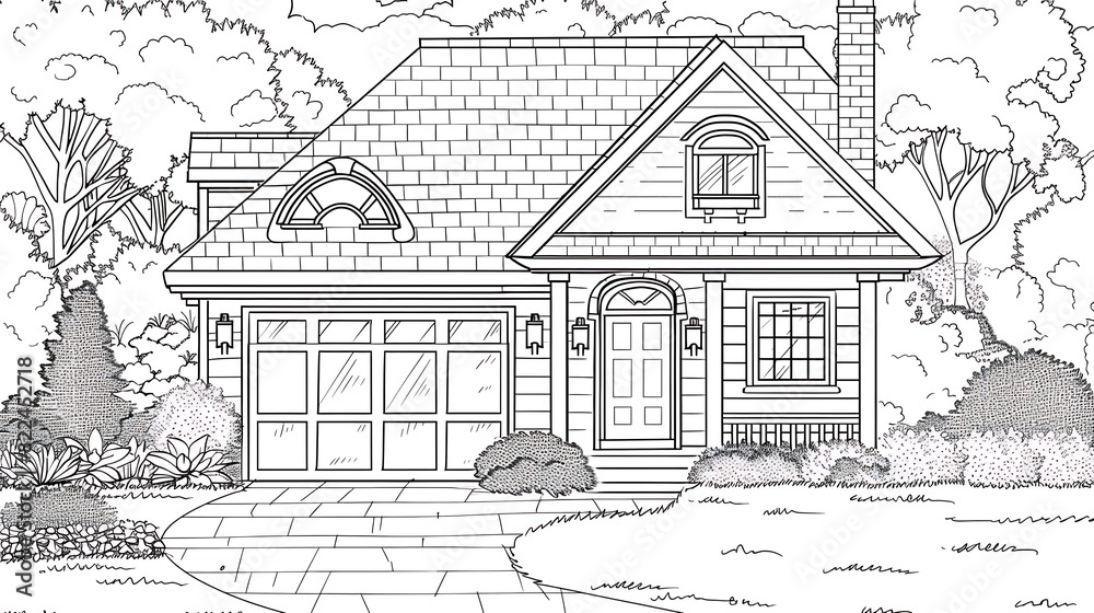 Obraz premium dwelling, estate, housing, outline, property, residential, roof, drawing, vignetting, exterior, home, illustration, white, black, construction, design, house, line, architecture, building, contemporar