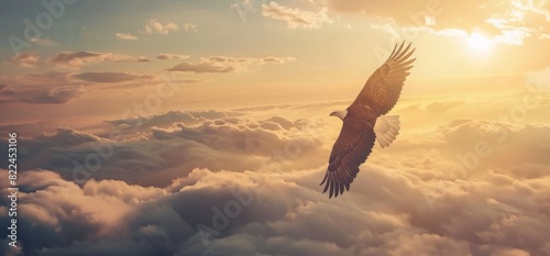 Majestic eagle soaring through a cloud-filled sky, symbolizing freedom and strength. Perfect for patriotic themes, nature, and wildlife concepts.