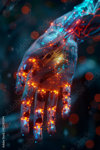 Robot hand connected to futuristic digital technology. Conceptual image illustrating the dangers of transhumanism  the excess of robotic cyber engineering  3d render