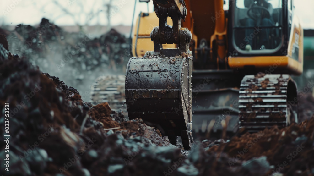 Fototapeta premium Close-Up of Crawler Backhoe on Soil