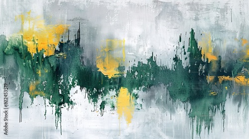 Abstract painting with splatters of green and yellow on a textured white and gray background, resembling a natural landscape.