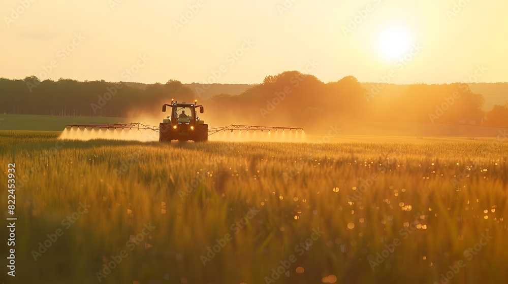 Fototapeta premium Tractor plowing field at sunset with dramatic sky, illustrating agriculture and farming.