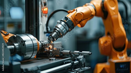 Advanced AI robotic arm meticulously shaping a metal piece on lathe machinery photo