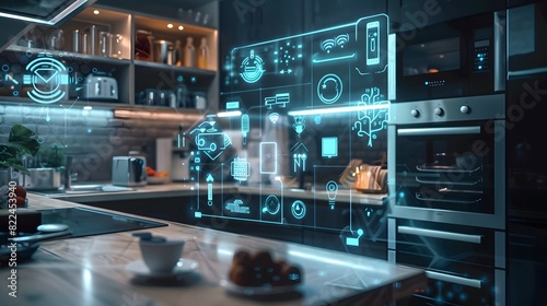 A concept art of a digital holographic artificial intelligence (ai) smart technology in a house and a flat. modern living room with blue and white virtual reality interface and icons.