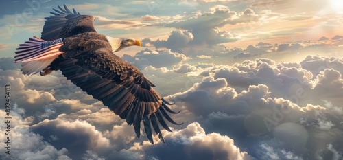 Majestic eagle soaring through a cloud-filled sky  symbolizing freedom and strength. Perfect for patriotic themes  nature  and wildlife concepts.