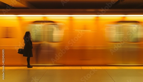 Minimalist panoramic portrait of a woman passing by a speeding train, waiting in the subway