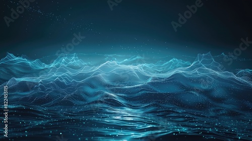 Abstract blue background with low poly lines and dots, hitech concept for digital design. Abstract dark futuristic landscape with glowing connection line waves on the deep ocean water surface