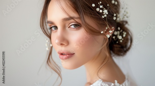 Close-up portrait of a bride with a delicate floral hairpiece  exuding elegance and grace on her wedding day.