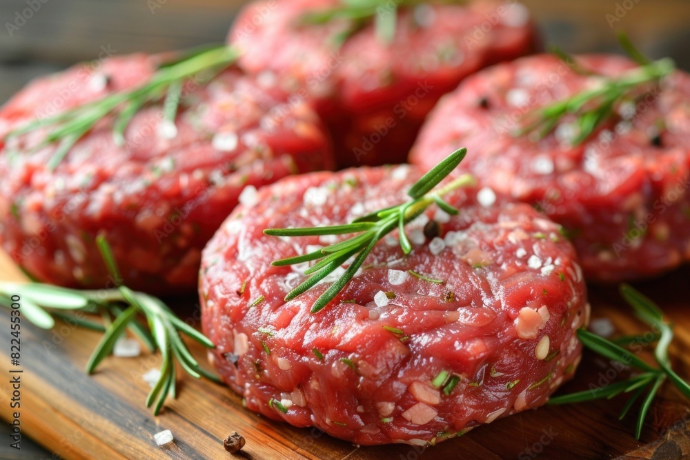 Highquality closeup image of raw beef patties on a wooden board, garnished with fresh rosemary and sprinkled with sea salt Highquality closeup image of raw beef patties on a wooden board, garnished with fresh rosemary and sprinkled with sea salt