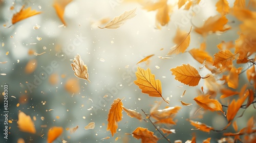 Golden autumn leaves floating in the air, highlighting a serene and picturesque fall atmosphere.
