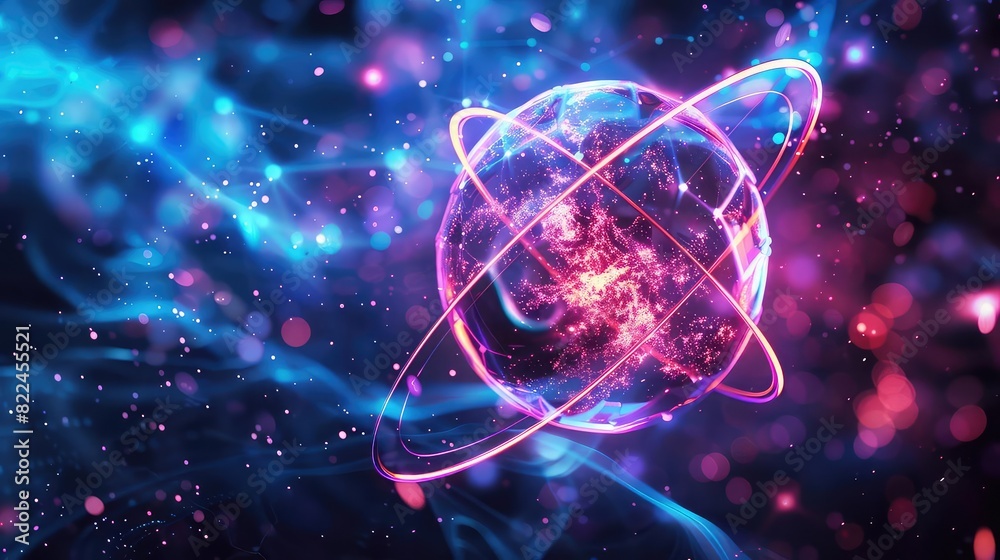 Fototapeta premium Atom structure glowing in a dark science lab, neon colors, central view, hightech illustration