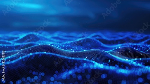Abstract blue background with a digital landscape of dots and waves, glowing lights on a dark sky