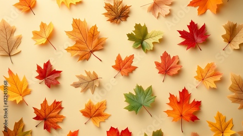 Autumn leaves in various colors arranged on a light background  creating a seasonal pattern.