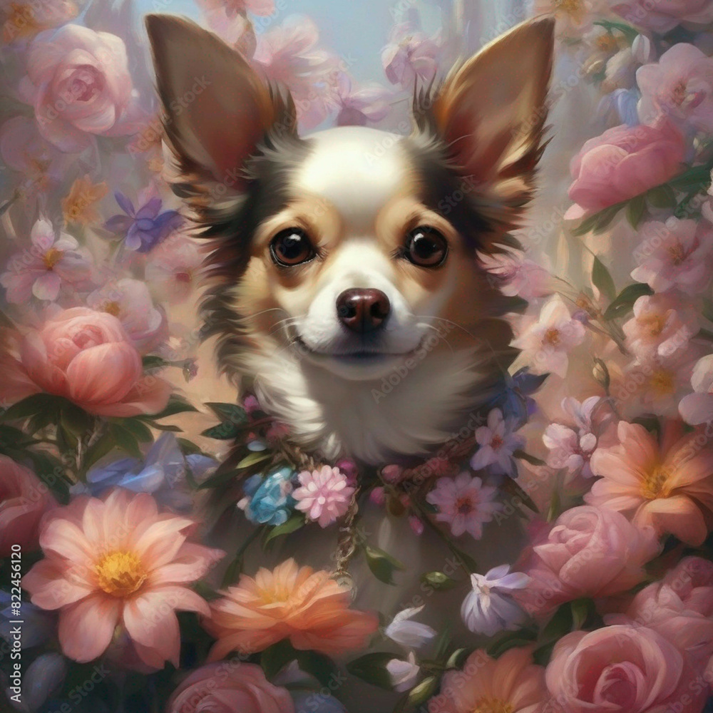 chihuahua puppy with flower, painting of a chihuahua dog surrounded by colorful flowers, brand, advertising