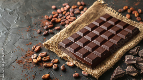 Close-up of dark chocolate bar on sackcloth with cocoa beans and cocoa powder photo