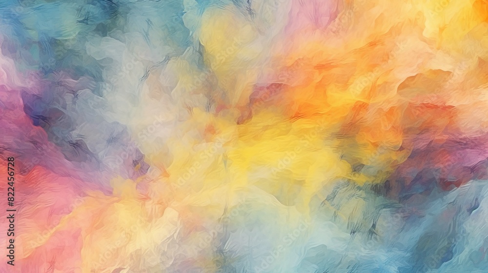 Abstract background with pastel paint splashes texture. Soft rainbow watercolor or acrylic ink pattern. Multicolored powder exploding effect. Header illustration for banner design. Generative AI.
