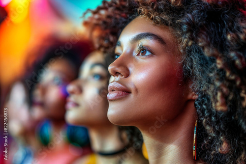 Three young African descent women with curly hair admire something inspiring indoors at a vibrant event, showcasing beauty, diversity, and cultural pride. modern fashion highlight empowerment