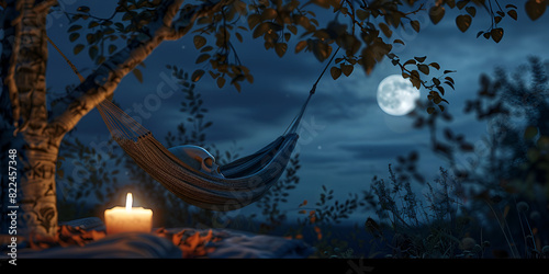outdoor relaxing in hammock with backrest and forest around at night garden with trees and bright and moon. photo
