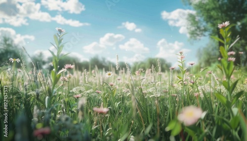 Summer field with tall grasses with flower. Open field with wild flower and butterfly. Sunny day wide blue sky