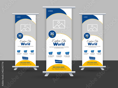 Three large Rollup banners or X banner advertising for travel agency