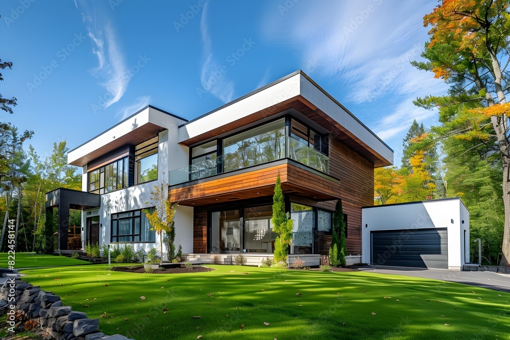 modern house in the middle of wood, white and dark brown walls with wooden windows, green lawn modern house in the middle of wood, white and dark brown walls with wooden windows, green lawn