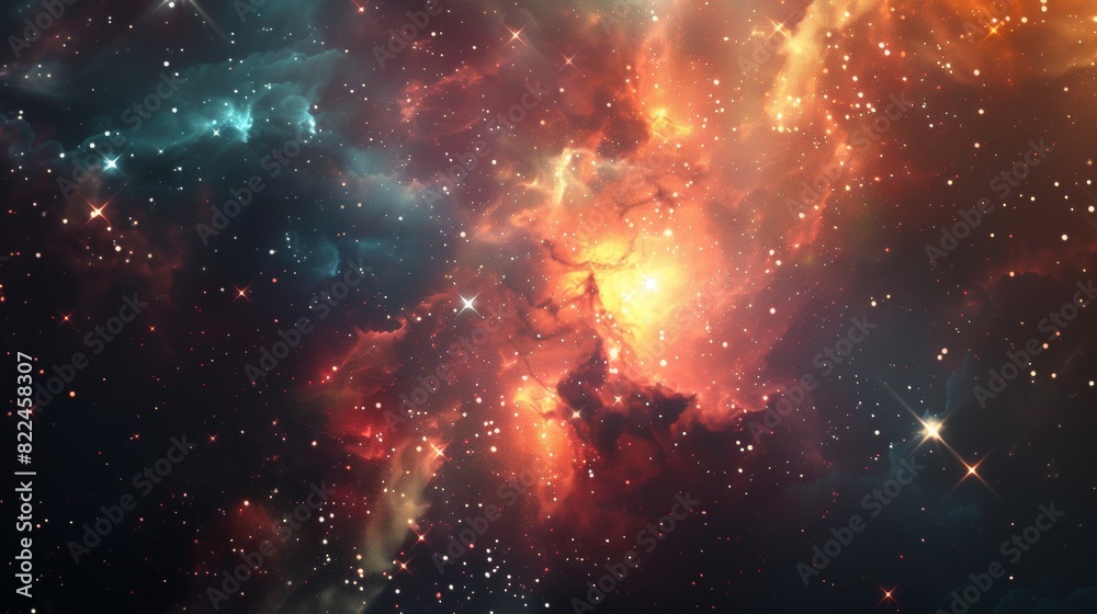 Fiery Cosmic Nebula with Star Clusters.