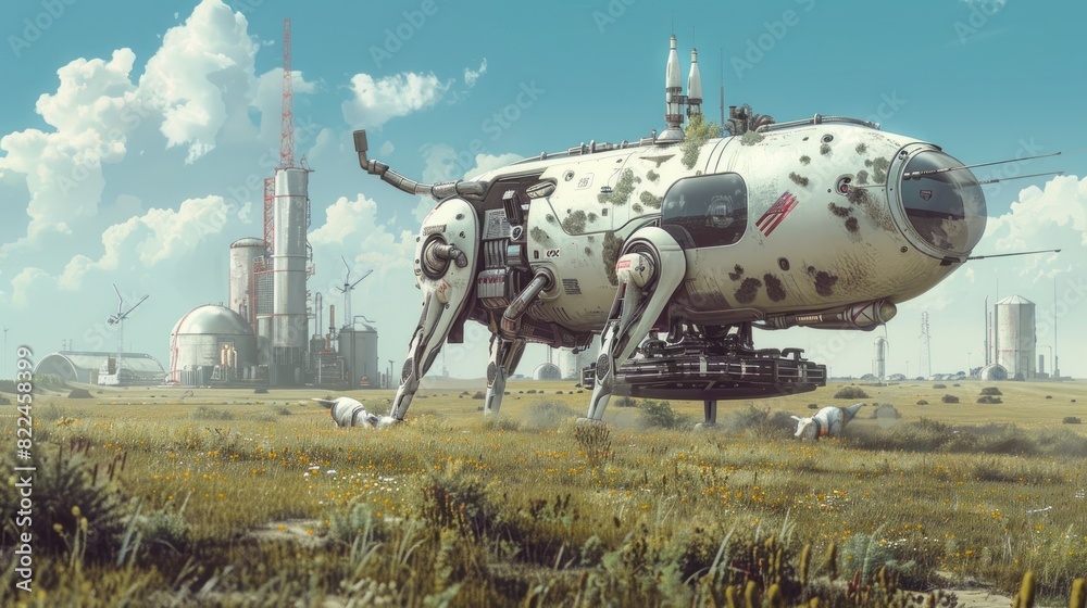 Fototapeta premium Retro futuristic farm atmosphere with robot animals in the savanna.