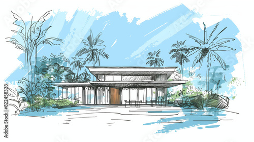 Modern Tropical House Illustration With Palm Trees And Blue Sky