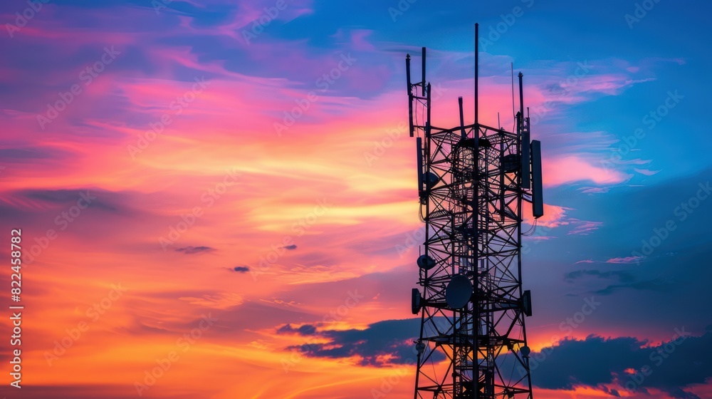 Silhouette of the outer cell tower facing the sky, a beautiful view of the purple evening sky Silhouette of the outer cell tower facing the sky, a beautiful view of the purple evening sky