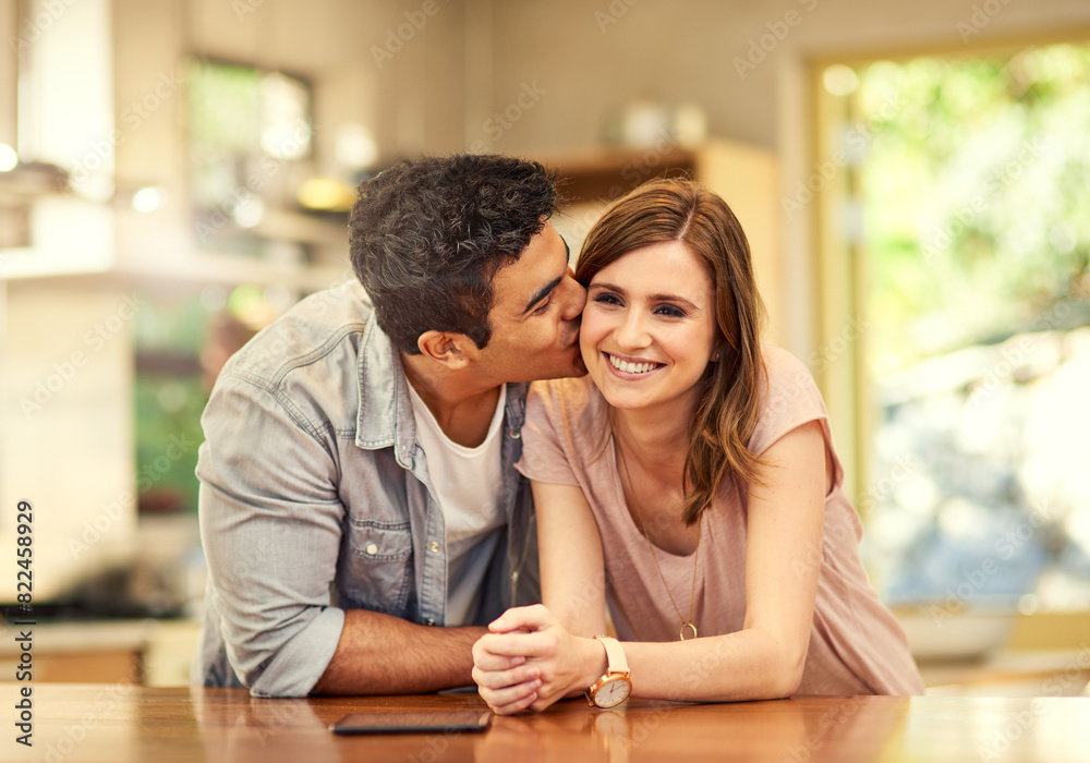 Couple, people and happy with kiss in kitchen for love, bonding and affection with support on break together. Home, relationship and romance with smile or laugh for fun, enjoy and care as soulmate Couple, people and happy with kiss in kitchen for love, bonding and affection with support on break together. Home, relationship and romance with smile or laugh for fun, enjoy and care as soulmate