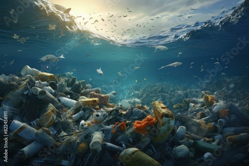 Dramatic underwater scene showing marine pollution with plastic debris and trash