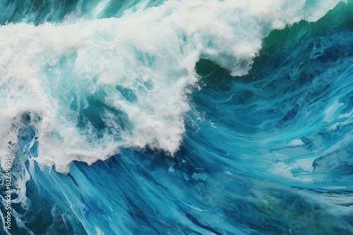 Aerial view of a powerful turquoise wave with foam swirling in the ocean